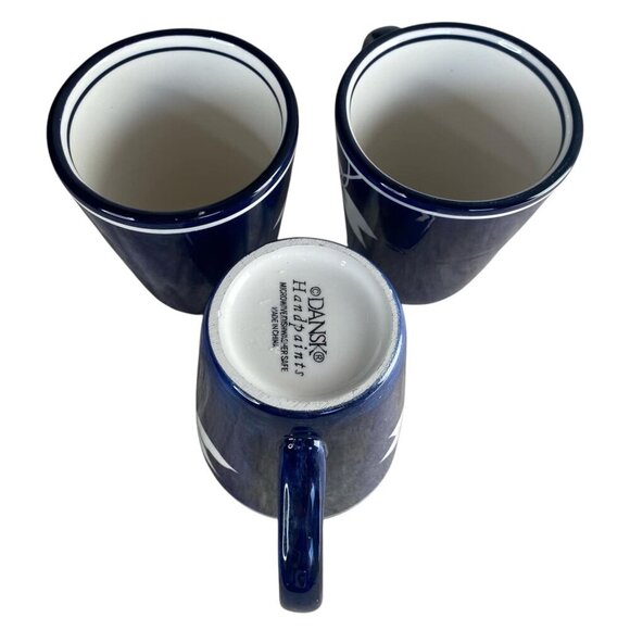 Dansk Sureau Coffee Tea Mugs Cups Set of 3 Handpainted  White Leaves Cobalt Blue - Picture 4 of 6